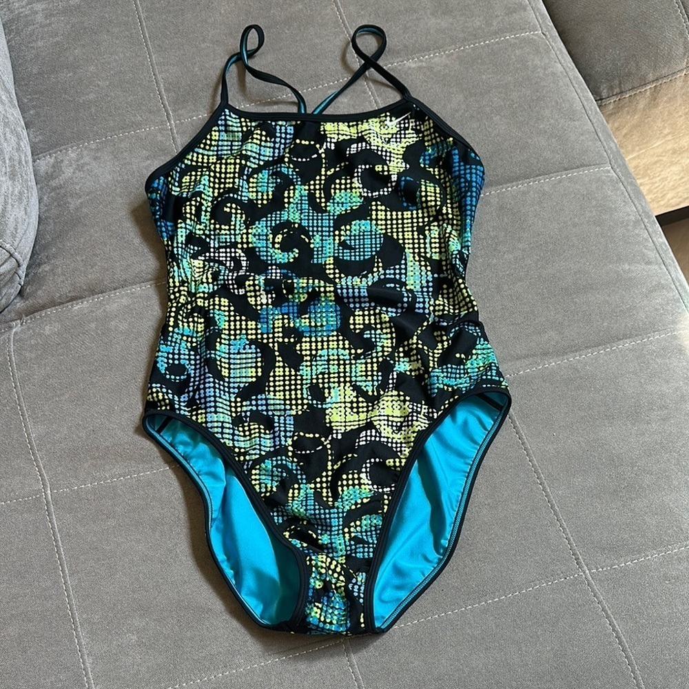 Nike Black and Blue Athletic One Piece Swimsuit